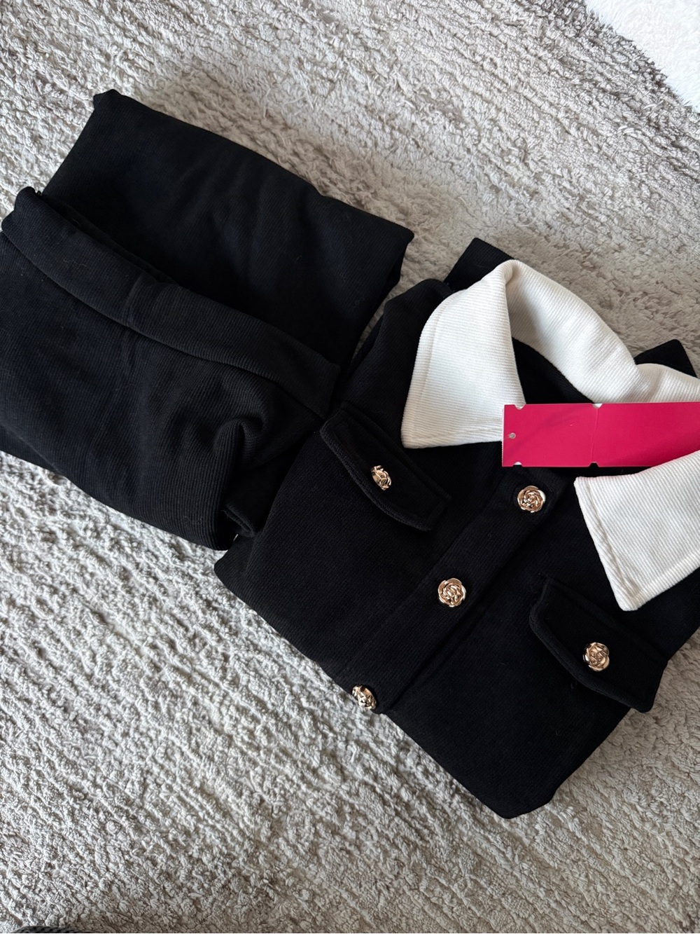 Black Jacket with Contrast White Collar - Women's Tailored Coat&Skirt Set